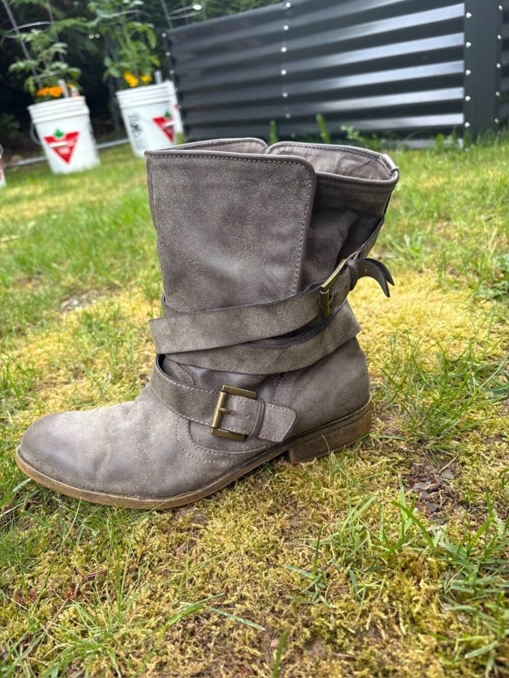 Stylish, Steve Madden, grey, slouch boots with cool buckle details.